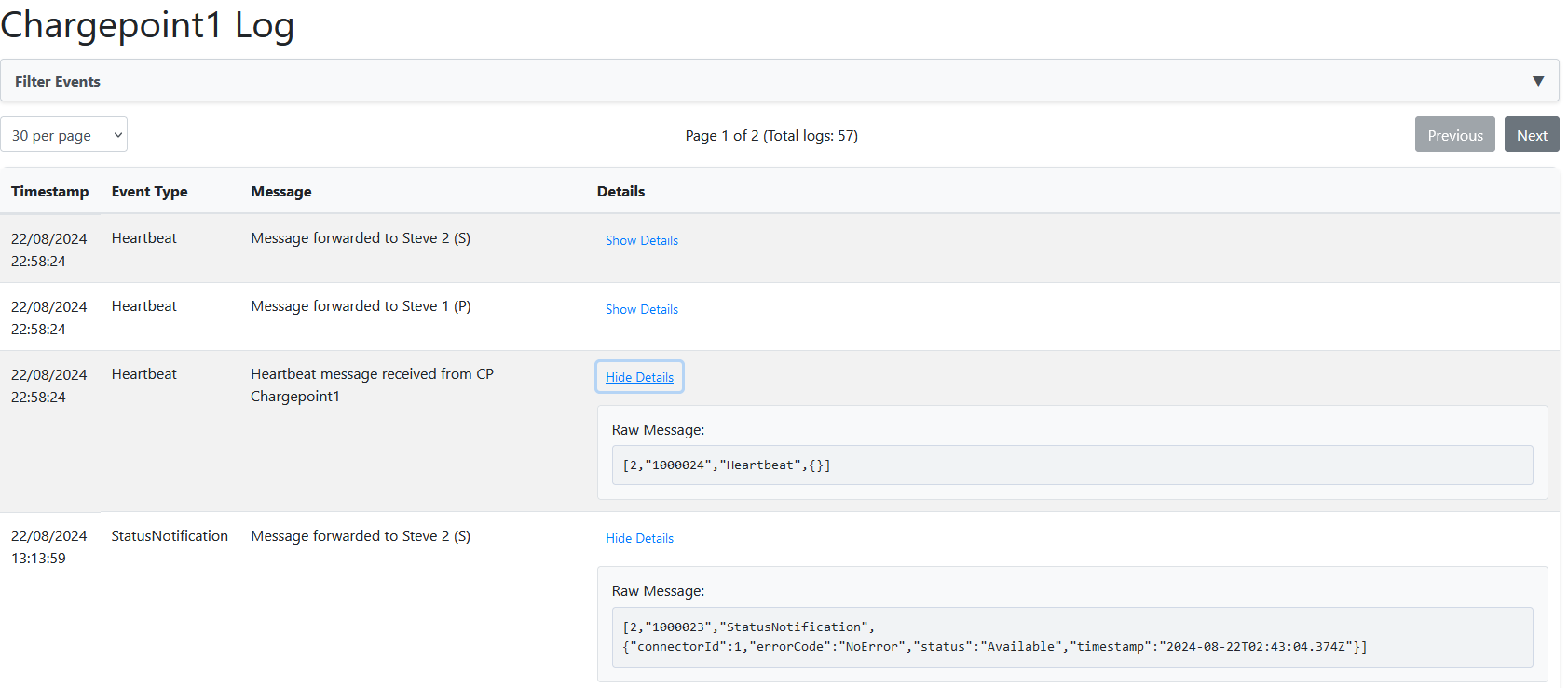 OCPP Hub Logs